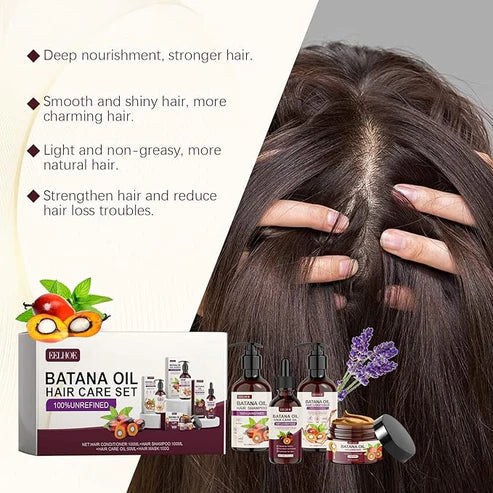 EELHOE Batana Oil Hair Care Set with bottles of natural hair treatment products and packaging for healthy hair.