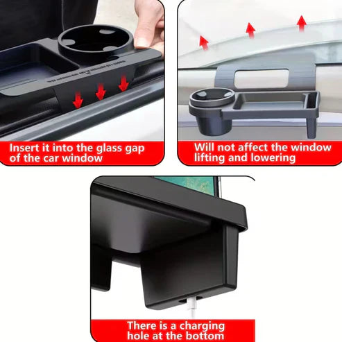 Car armrest with built-in mobile phone holder and cup holder, designed for convenient vehicle interior storage.