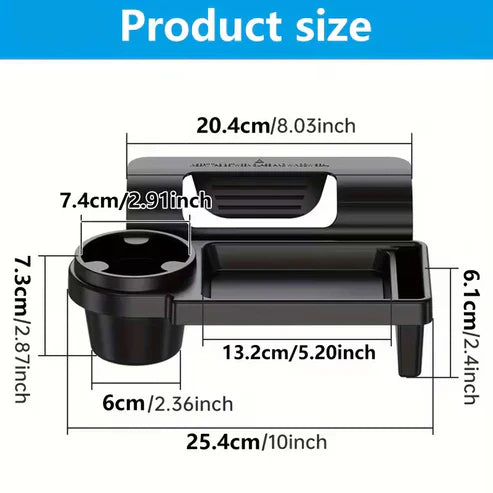 Car armrest with built-in mobile phone holder and cup holder, black plastic design for convenient vehicle interior use.