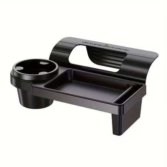 Car armrest with built-in mobile phone holder and cup holder, designed for convenient driver access and secure storage.
