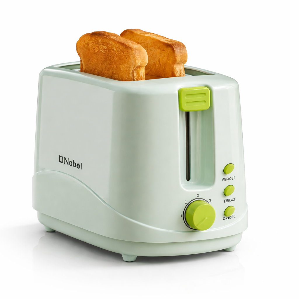 Nobel toaster from My Store with two slices of toasted bread on a kitchen countertop.