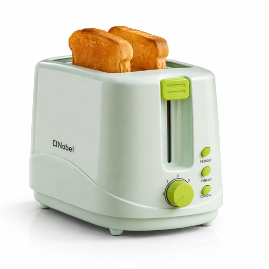 Nobel toaster from My Store with two slices of toasted bread on a kitchen countertop.