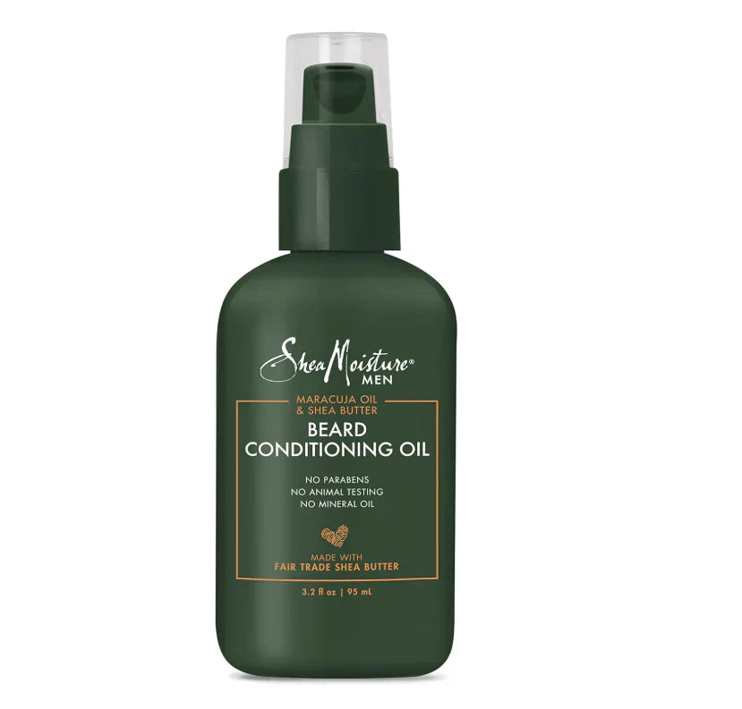 SheaMoisture Men Maracuja Oil and Shea Butter beard conditioning oil bottle with dropper, designed for nourishing men's beards.