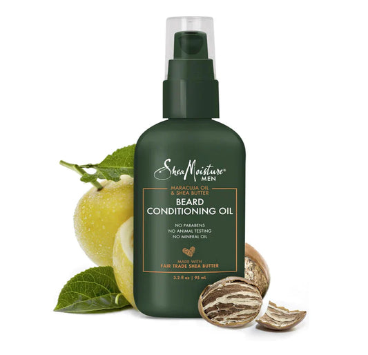 SheaMoisture Men Maracuja Oil and Shea Butter beard conditioning oil in a bottle with a pump for nourishing facial hair.