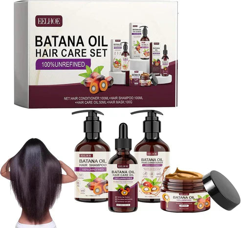 EELHOE Batana Oil Hair Care Set with bottles of natural hair oil and styling products, in a sleek packaging.