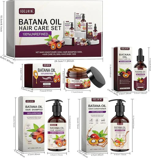EELHOE Batana Oil Hair Care Set with bottles of natural hair treatment products and packaging for healthy hair care.