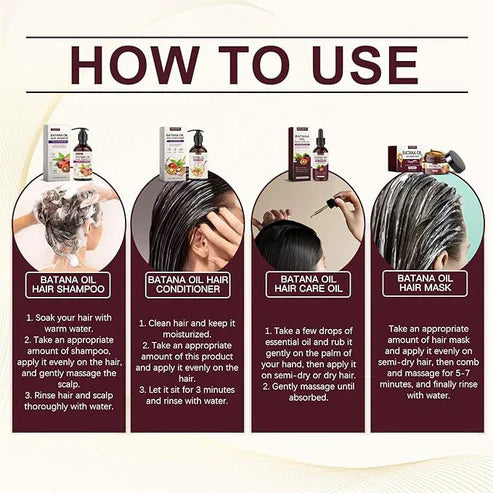 EELHOE Batana Oil Hair Care Set with bottles of natural hair treatment products and packaging, designed for healthy hair.