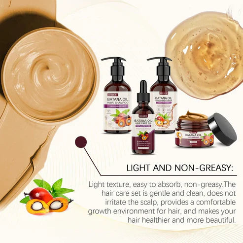 EELHOE Batana Oil Hair Care Set with bottles of natural hair treatment products and packaging, designed for nourishing hair.