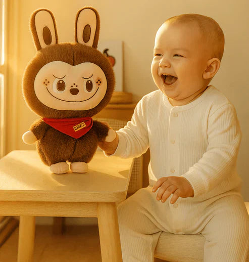 Labubu cute bunny plush toy with soft pink fur and embroidered facial features, perfect for cuddling and gift-giving.