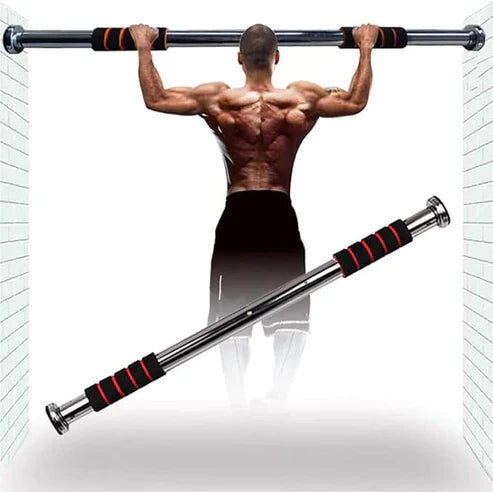 Doorway gym bar by Lordex mounted on door frame for strength training and upper body exercises in a home gym setting.