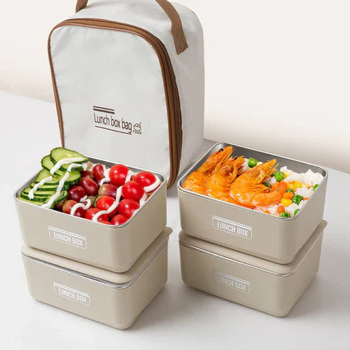 Insulated lunch box set with carry bag, including containers and utensils, designed for convenient meal transport.