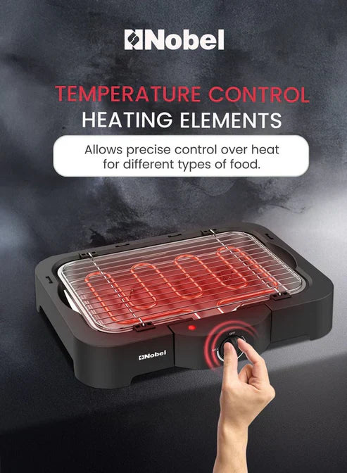 Nobel Electric Grill by My Store featuring a black rectangular design with heating elements and a removable grilling surface.