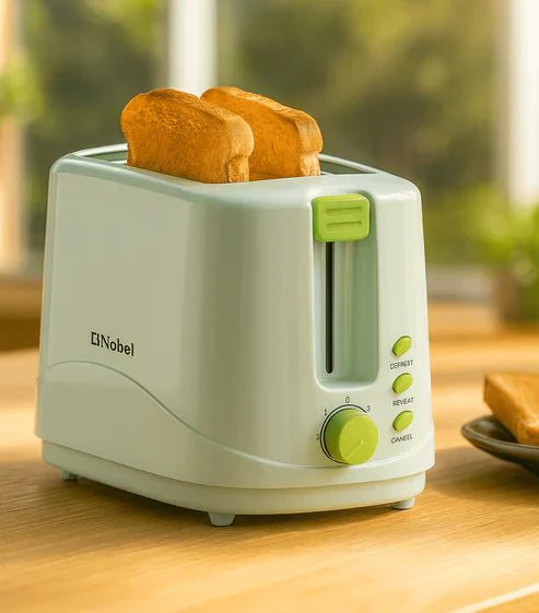 Nobel toaster from Breakfast Made Simple collection, with a sleek design and two bread slots for toasting slices evenly.