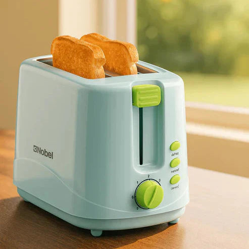 Nobel Toaster Breakfast Made Simple in sleek black design, with bread slices toasting inside and control buttons visible.