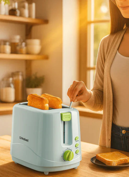 Nobel toaster for breakfast made simple, with two slices of toasted bread and a modern design in a kitchen setting